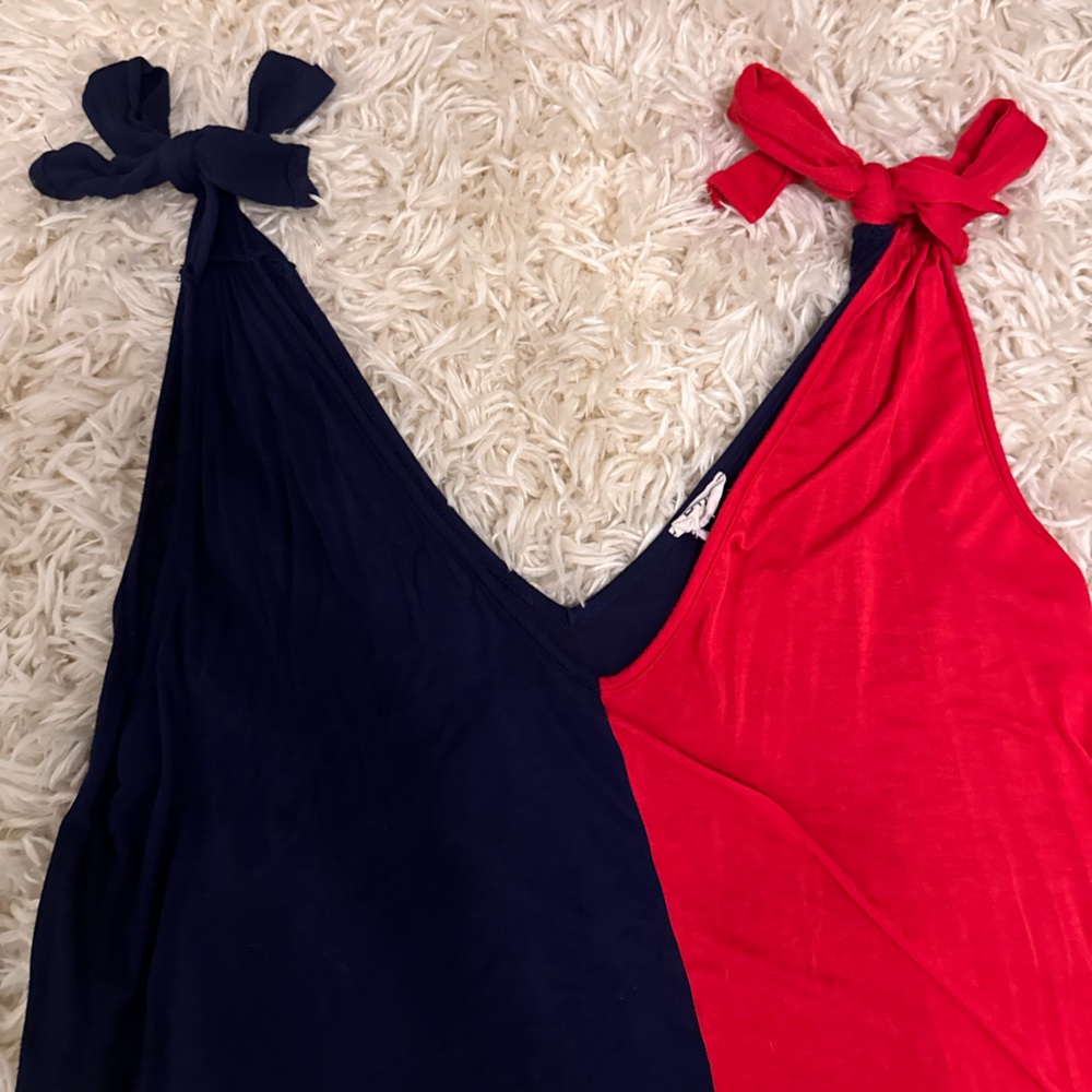Red & Navy Summer Holiday Self Tie Bow Relaxed Tank Top Adjustable Colorblock